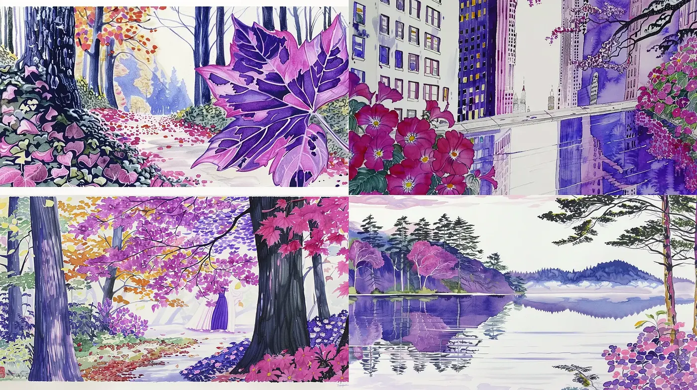Whimsical Nature Fusion in a Purplescent Stroke - Midjourney sref style