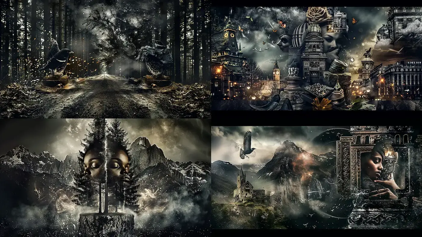 Mysterious and Surreal Landscapes with a Dark Palette - Midjourney sref style
