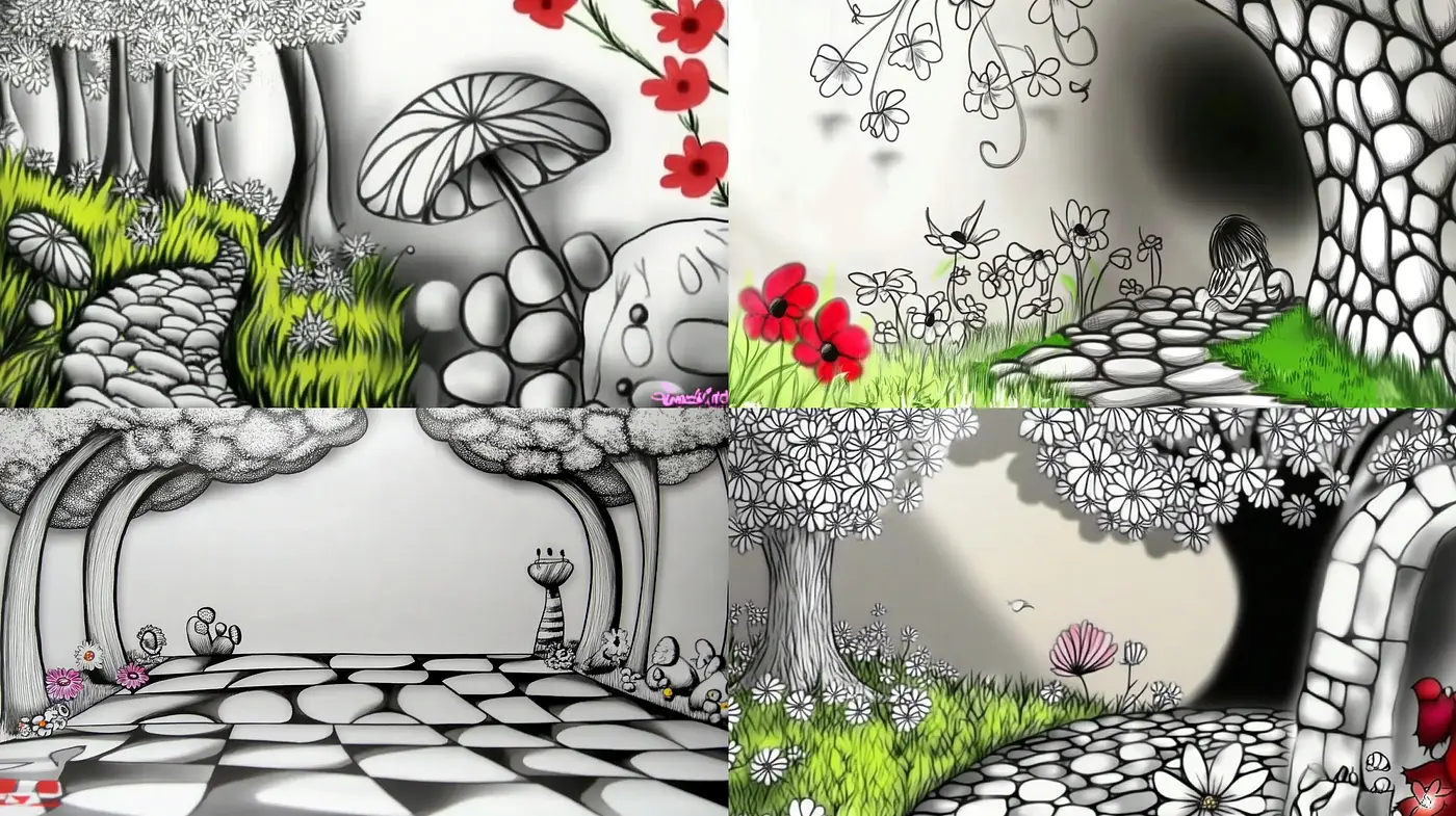 Enchanting Monochromatic Garden with Whimsical Flora and Fauna - Midjourney sref style