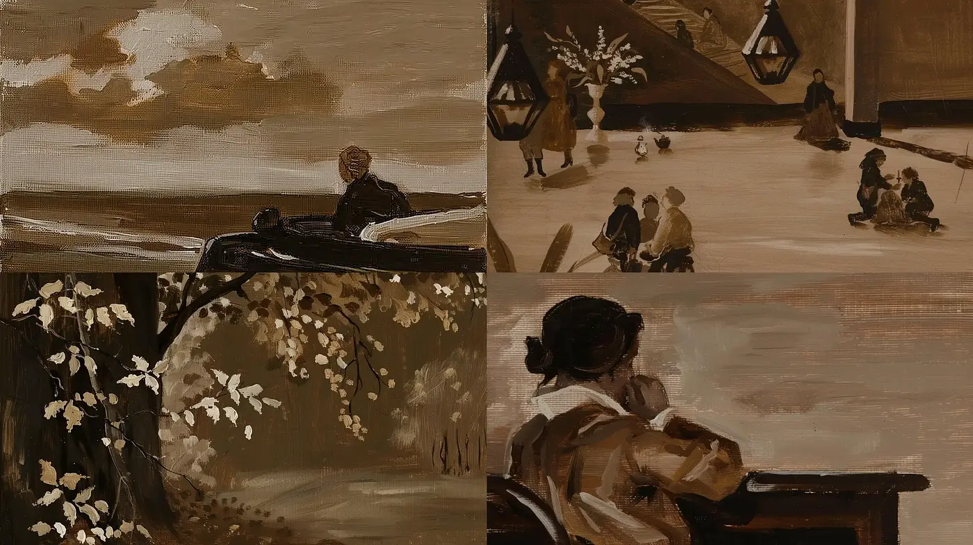 Sepia-Toned Impressionist Vignettes with Ethereal Ambiance - Midjourney sref style