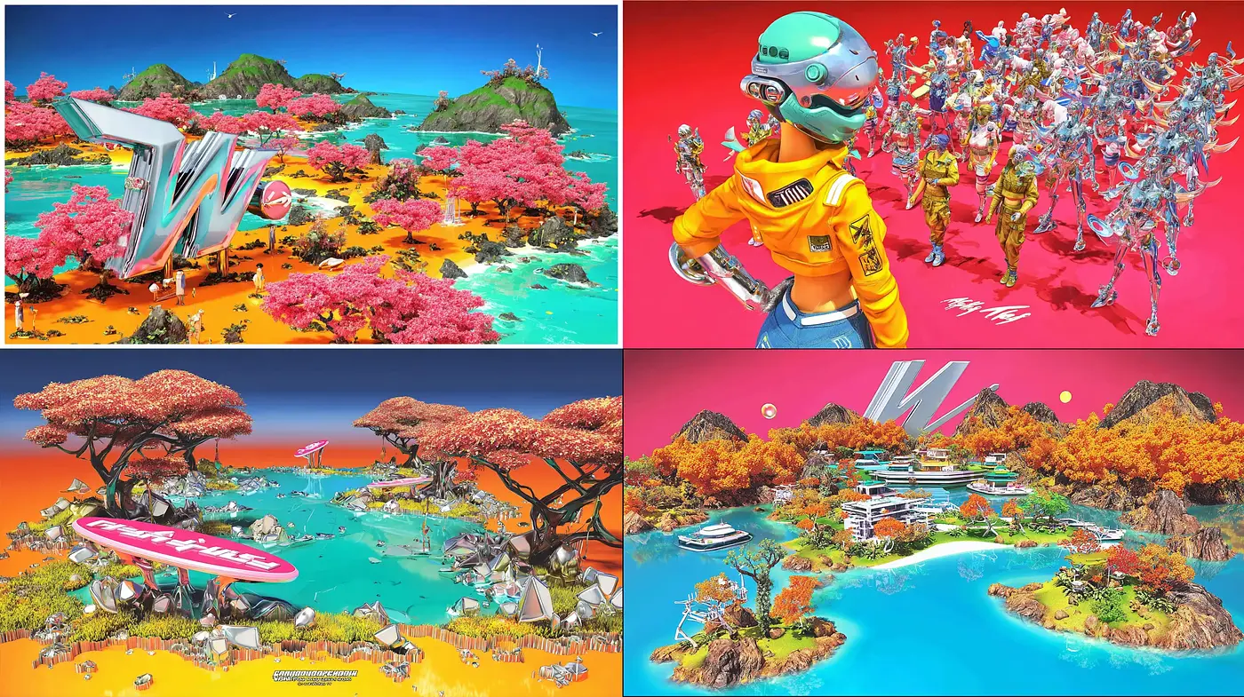 Vibrant, futuristic landscapes with playful aesthetics - Midjourney sref style