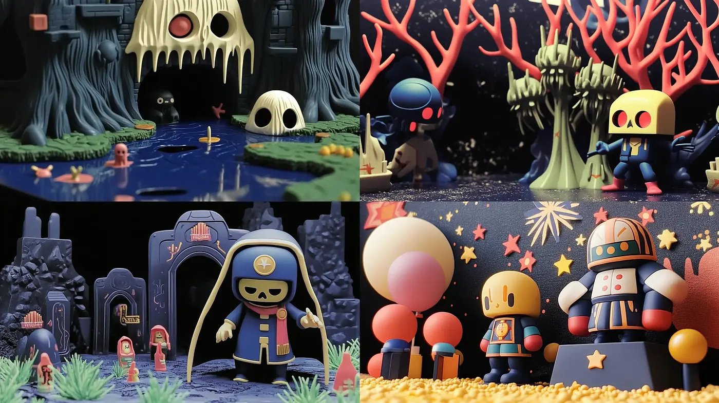 Surreal Toybox Dreamscape with Vibrant Contrasts - Midjourney sref style