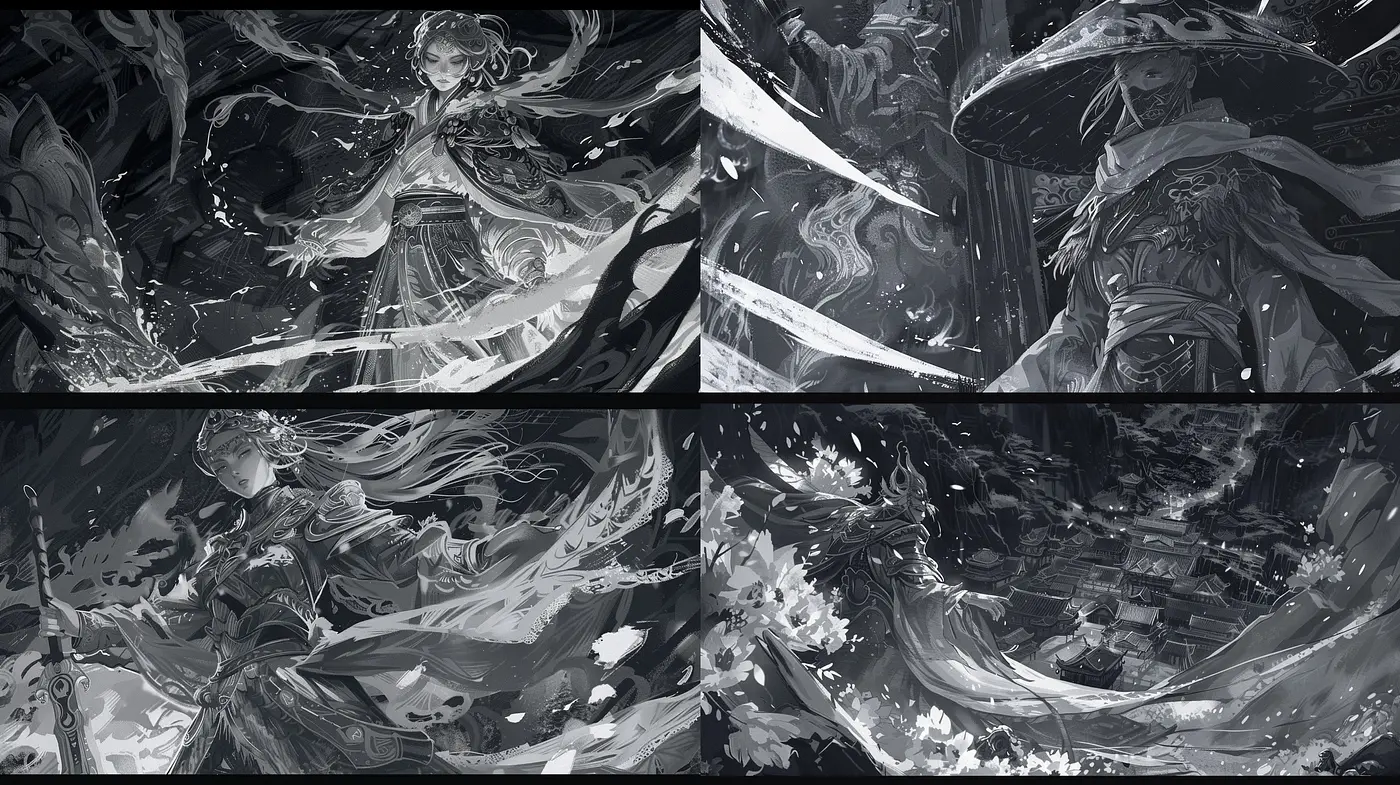 Monochromatic Elegance: A Harmony of Grayscale Intricacy in a Dynamic Illustrative Style - Midjourney sref style