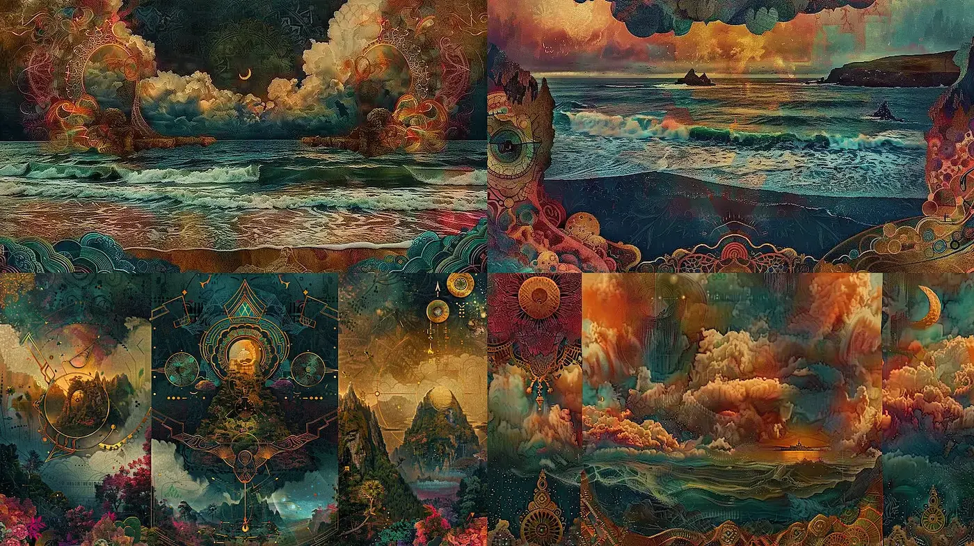 Surreal Landscape with Cosmic and Mystical Elements - Midjourney sref style
