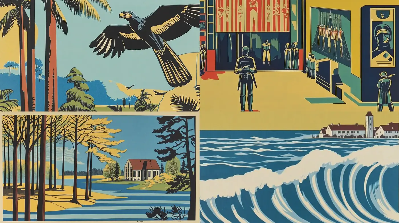 Retro-Inspired Stylized Scenic Illustrations - Midjourney sref style