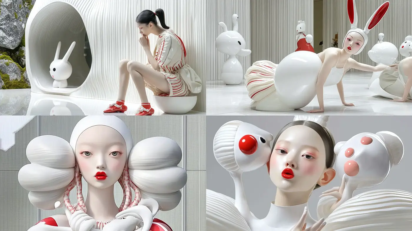 Surrealist Porcelain Whimsy: An Exploration in Gloss and Pastels - Midjourney sref style