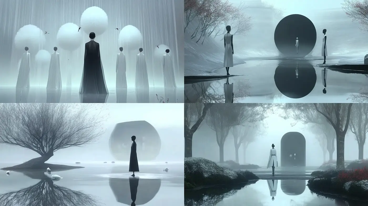Ethereal Monochrome Dreamscape: A Homage to Surrealist Tranquility - Midjourney sref style
