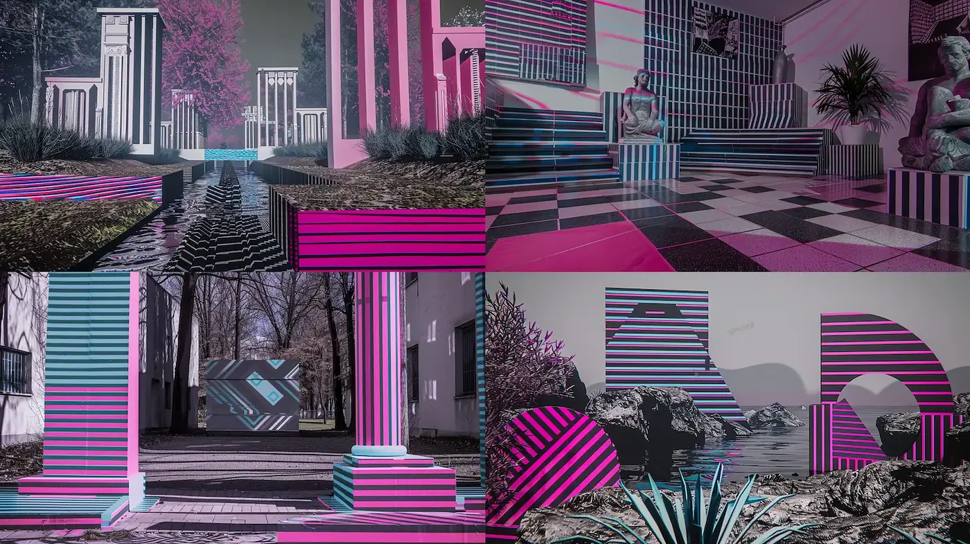 Futuristic Geometric Composition with Vibrant Contrasts and Textured Surfaces - Midjourney sref style