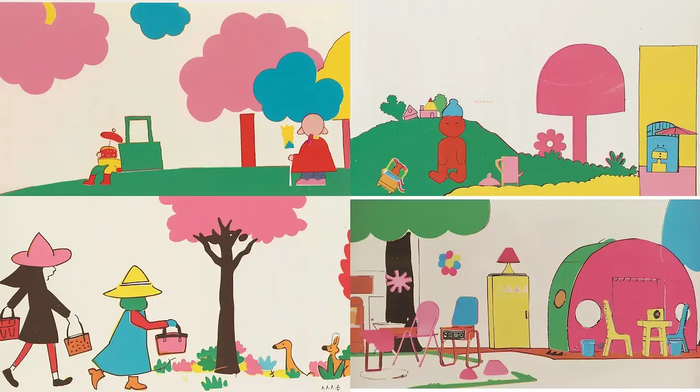 Colorful, minimalist childhood scenes with a playful atmosphere - Midjourney sref style