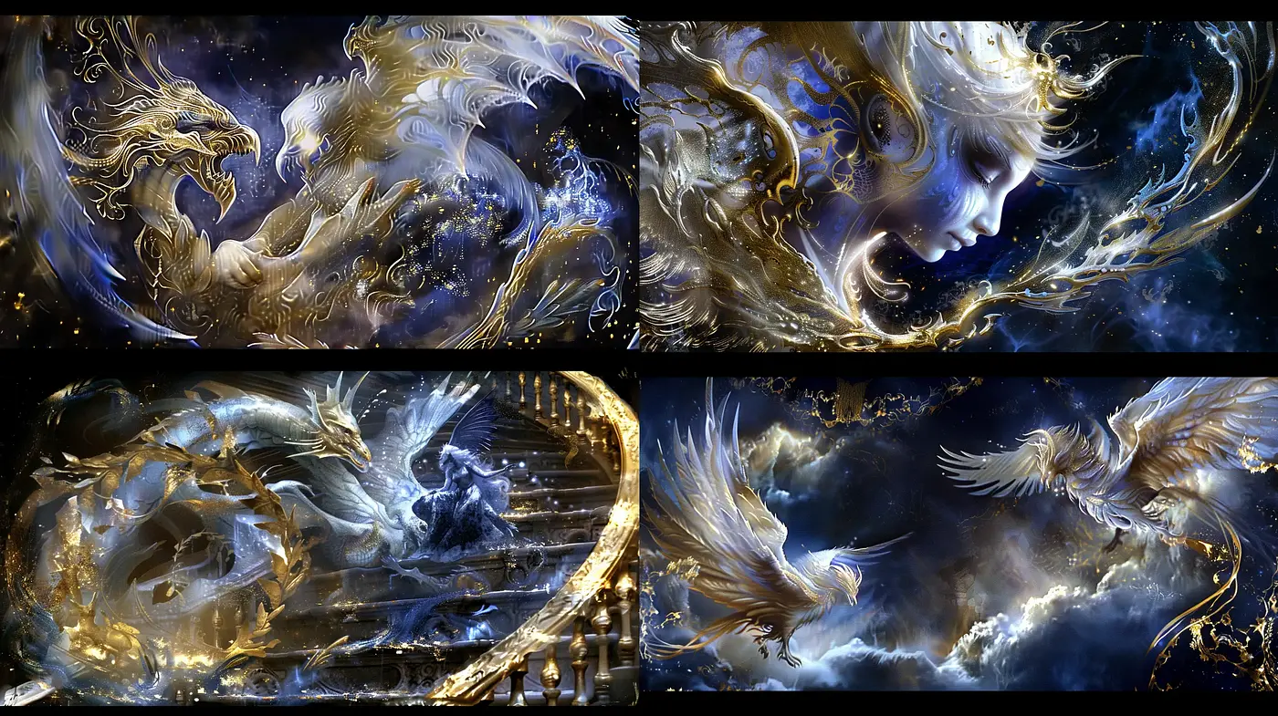 Ethereal Dreamscape: Fantastical Fusion of Mythical Creatures in Luminous Hues - Midjourney sref style