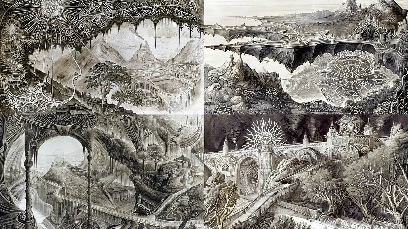 Ethereal Monochromatic Dreamscape with Complex Architectural Constructs - Midjourney sref style
