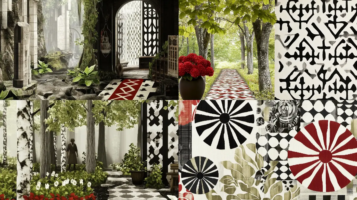 Ethereal Garden Spaces with Bold Geometric Patterns and Surreal Touches - Midjourney sref style