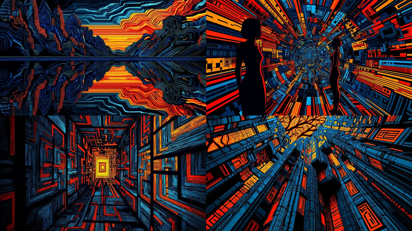 Vibrant Labyrinth of Neon Noir - Midjourney sref style