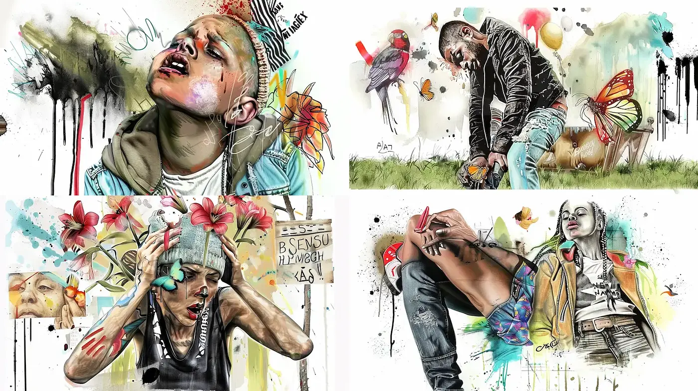 Vibrant Mixed Media Art with Urban Influence and Emotional Depth - Midjourney sref style