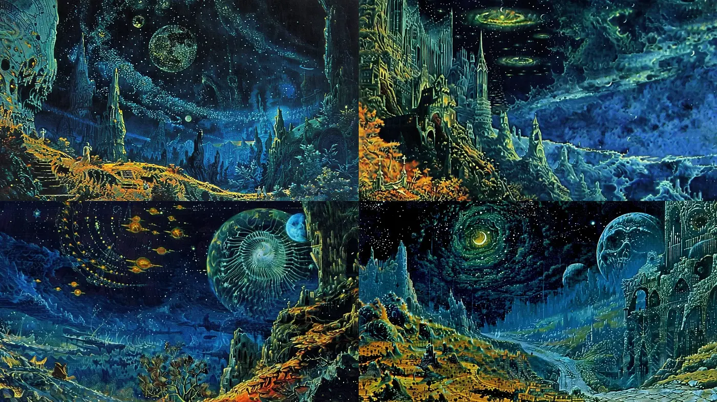 Surreal Celestial Dreamscape in Cosmic Blue Tones - Midjourney sref style