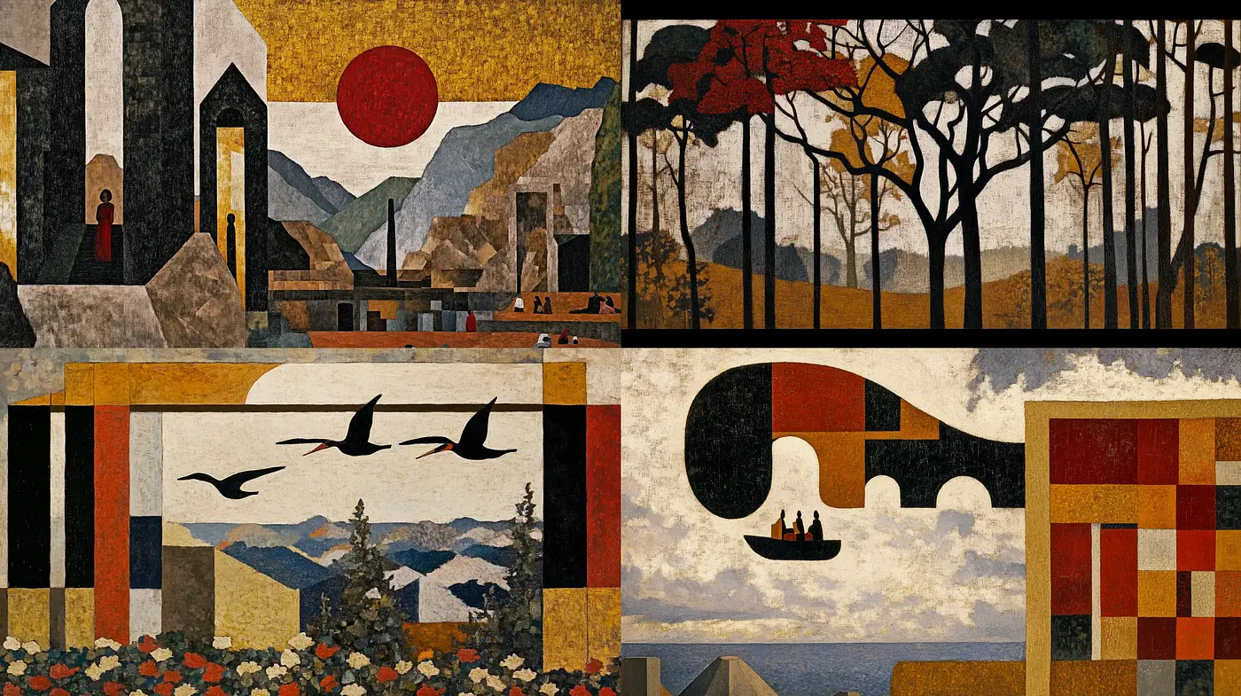 Mosaic of Dreams: A Stylized Montage with Geometric Patterns and Earthy Tones - Midjourney sref style