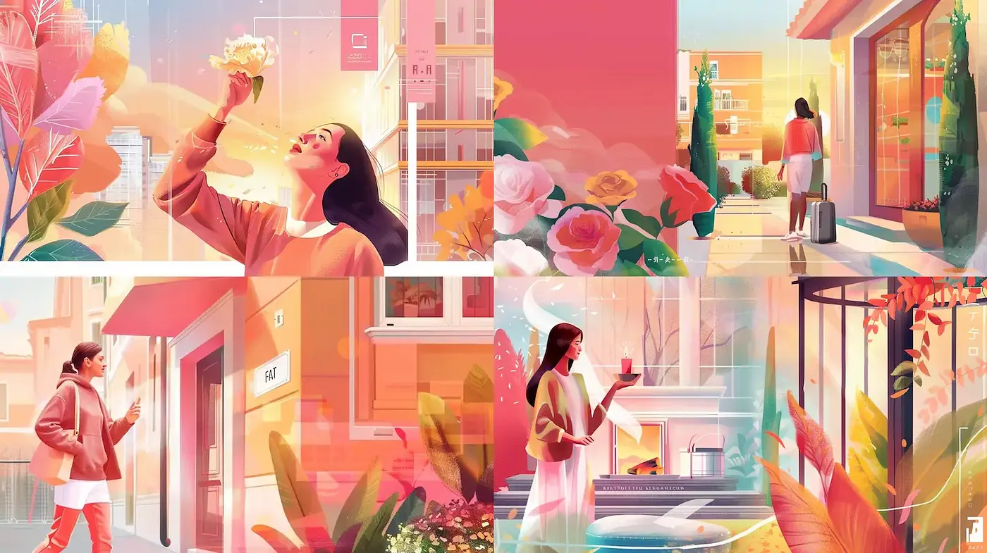 Vibrant and Dreamlike Urban Illustrations with Floral and Soft Aesthetic - Midjourney sref style