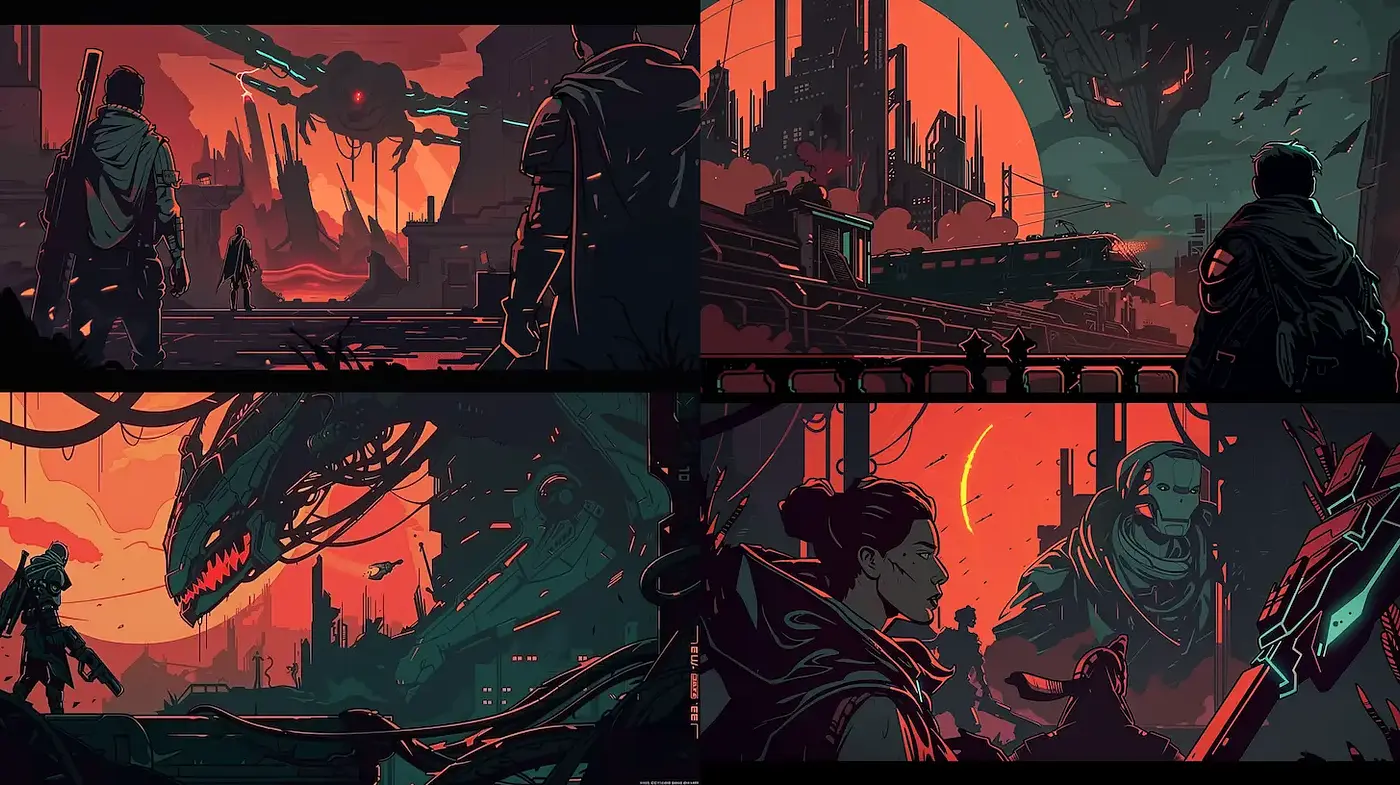 Futuristic Narrative with Bold Contrast and Intricate Details - Midjourney sref style
