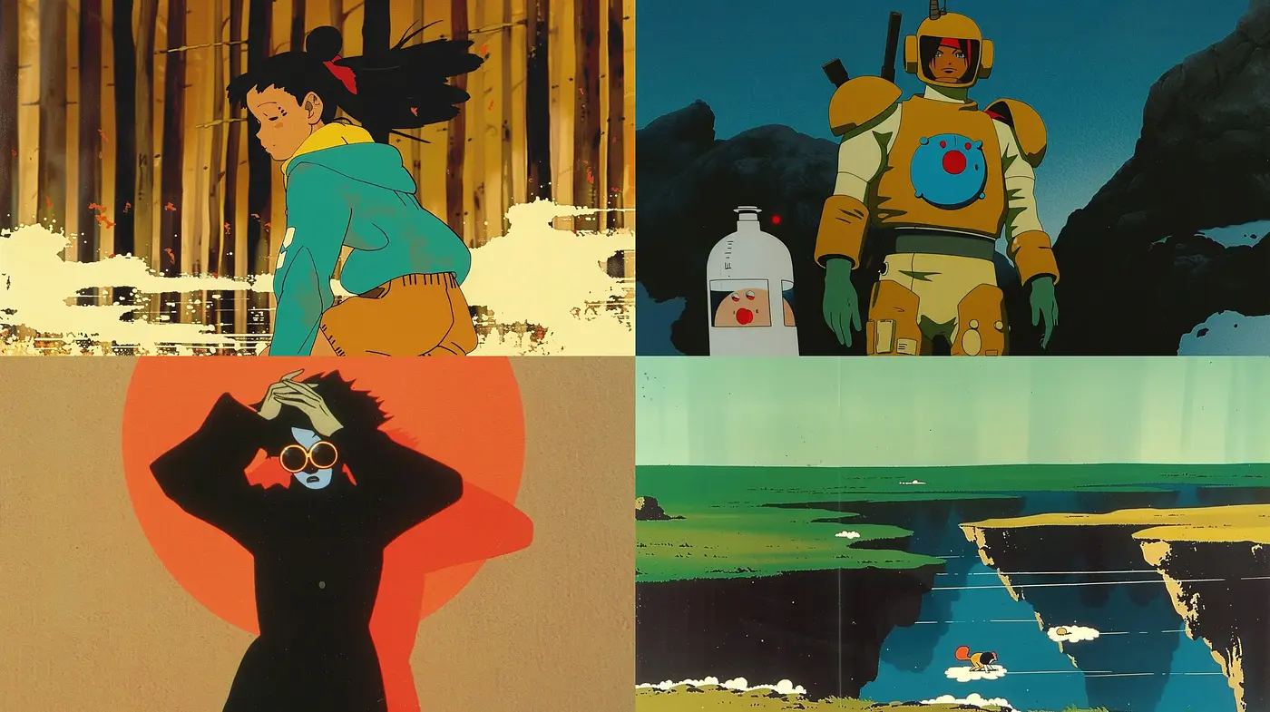 Fusion of Vintage Anime Aesthetics and Stylized Nature - Midjourney sref style
