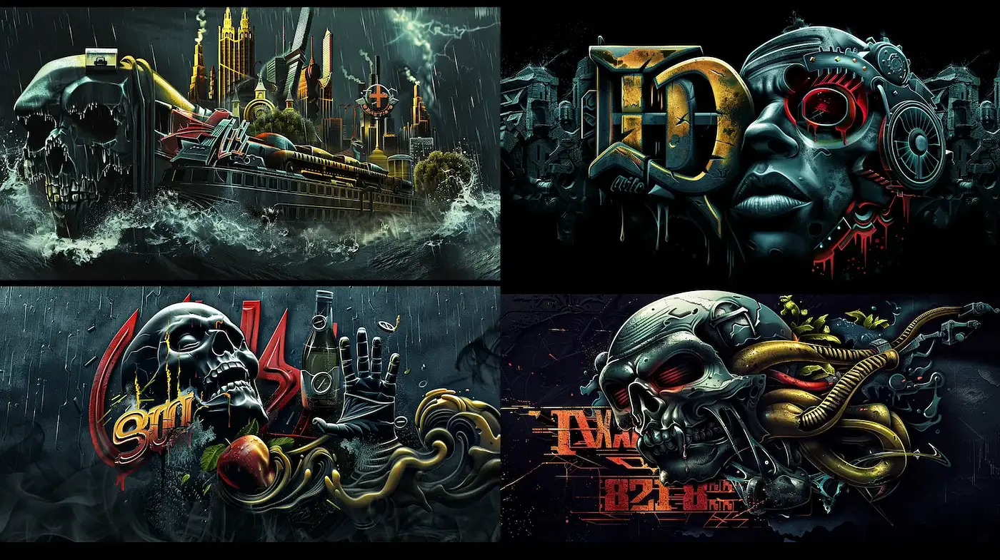 Dramatic and Dark Industrial Aesthetic with Skulls and Urban Influences - Midjourney sref style