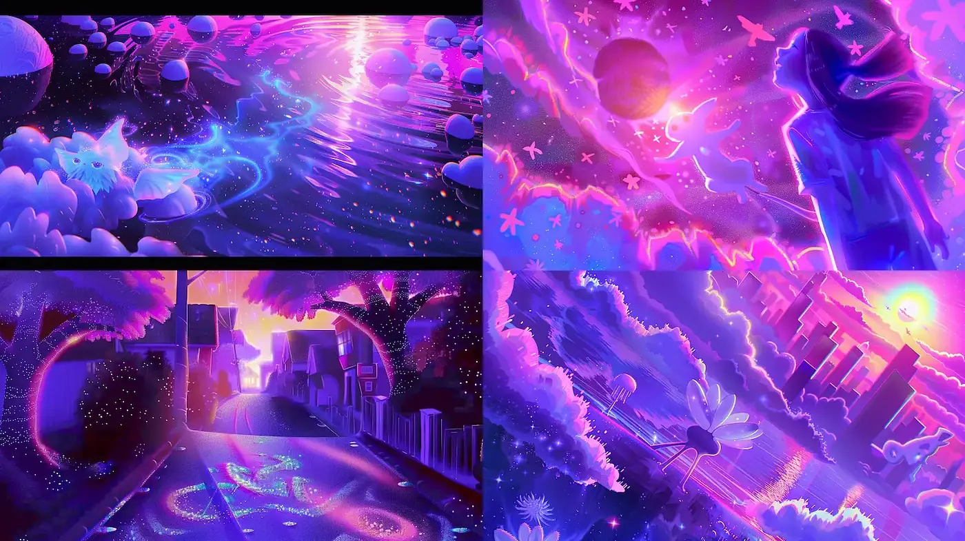 Vibrant ethereal landscapes with cosmic elements - Midjourney sref style