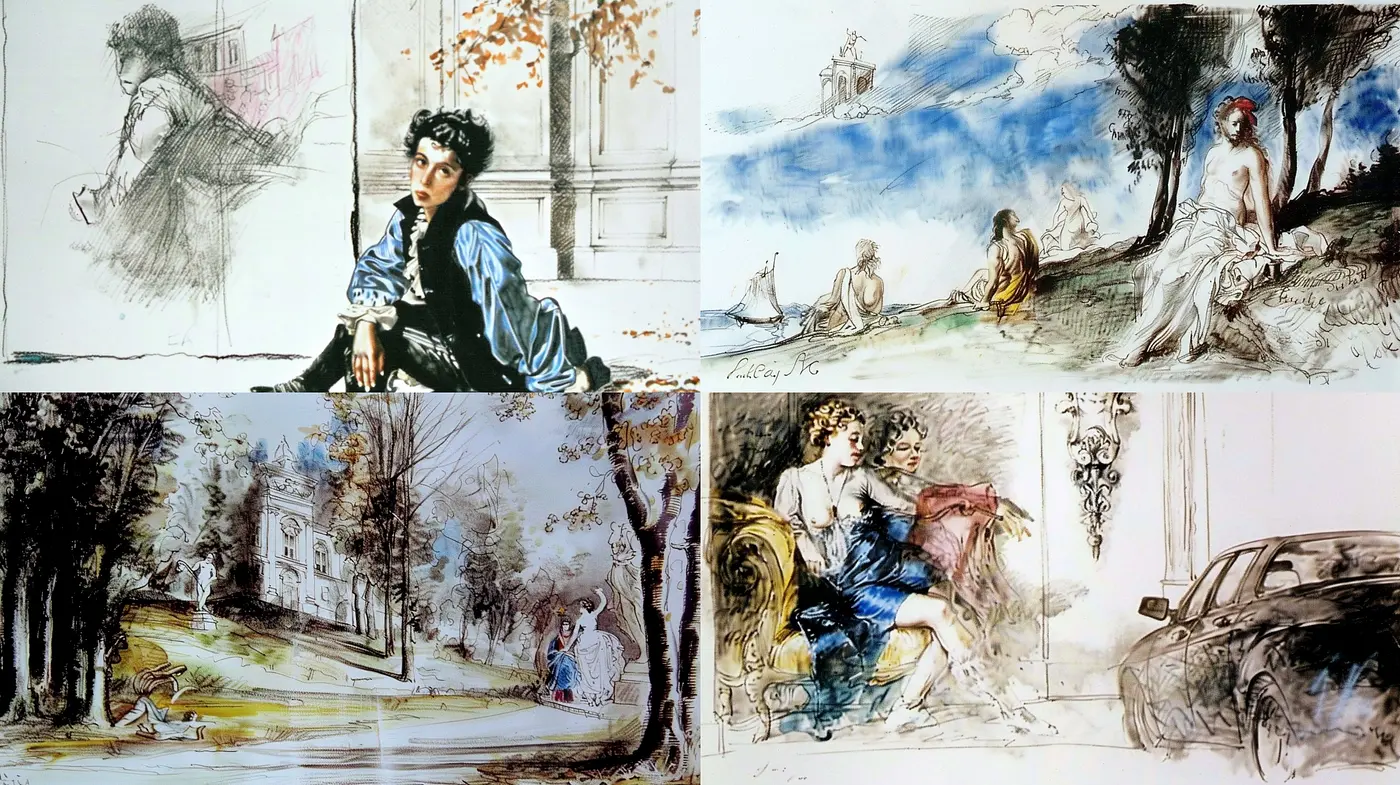 Ethereal Sketches: A Fusion of Ink Wash and Charcoal with a Time-Worn Patina - Midjourney sref style