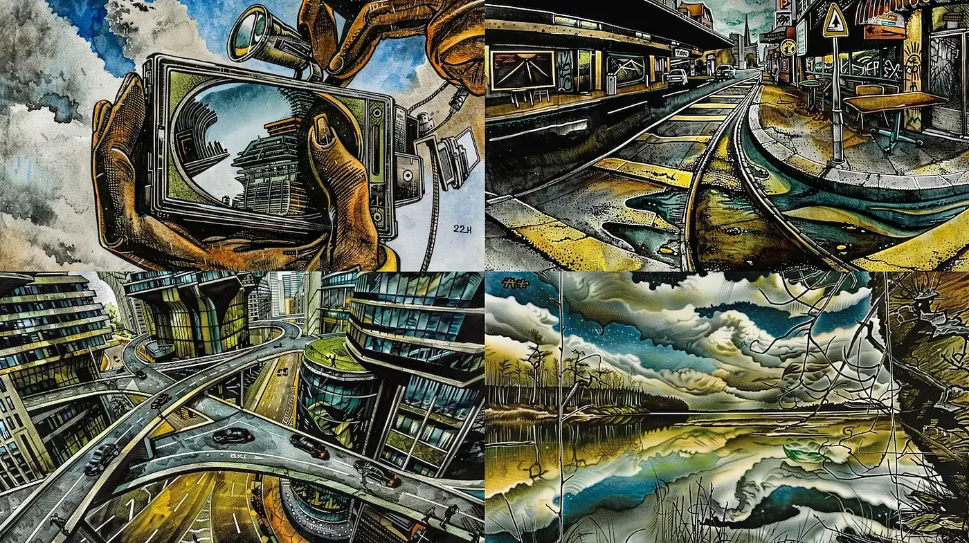 Urban Surrealism with a blend of Realistic and Expressionistic Elements - Midjourney sref style