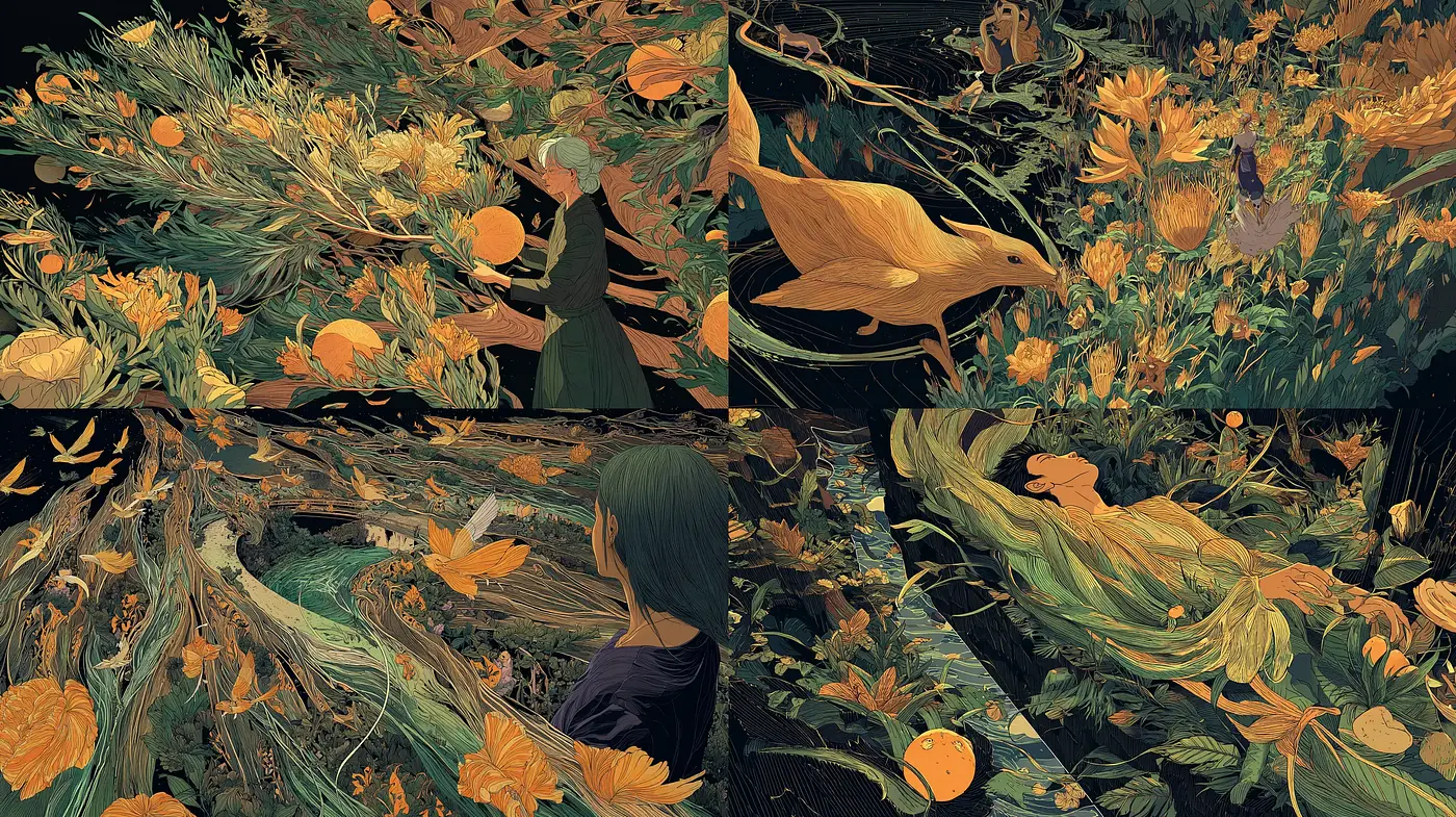 Lush, Equilibrium of Nature and Fantasy with Organic Forms - Midjourney sref style