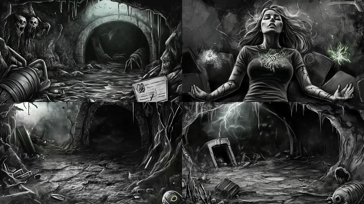 Monochromatic Elegy of Surrealism and Decay - Midjourney sref style