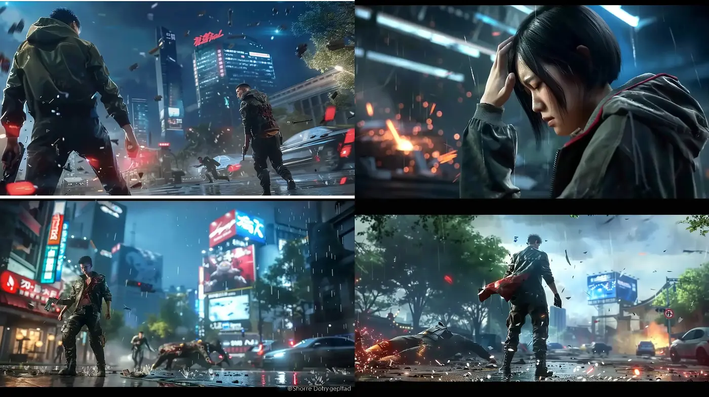 Neo-noir Urban Chaos with a Rain-Soaked Cinematic Essence - Midjourney sref style