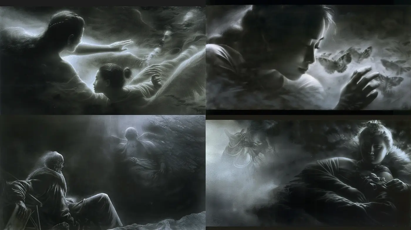 Ethereal Monochrome Dreamscapes with Surreal Sensibility - Midjourney sref style