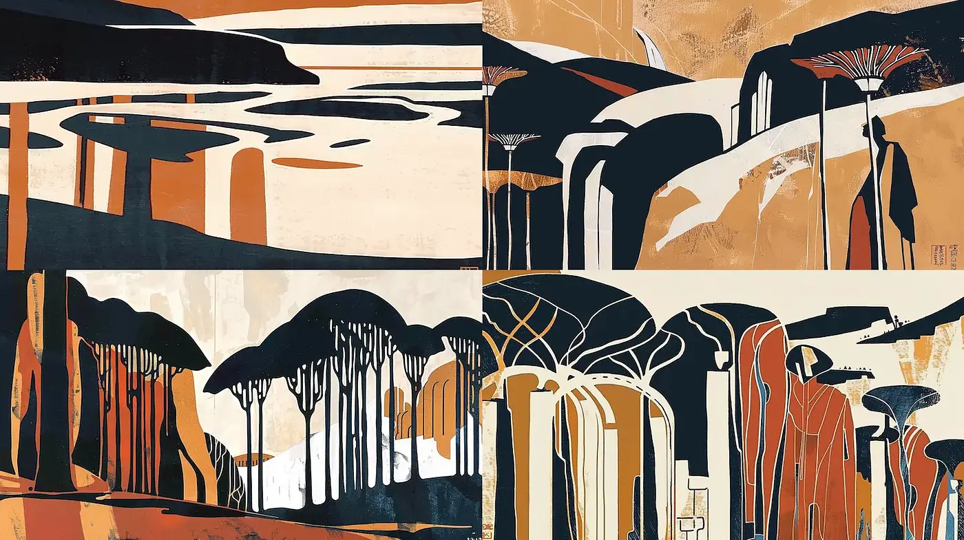 Stylized Landscape with Graphic Elements and Earthy Tones - Midjourney sref style