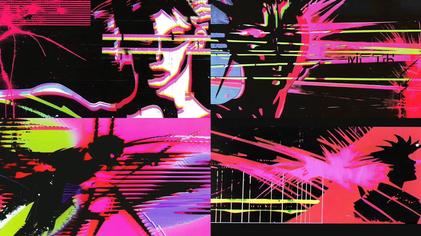 Neon Glitch Fusion: A Digital Tapestry of Cybernetic Hues and Patterns - Midjourney sref style