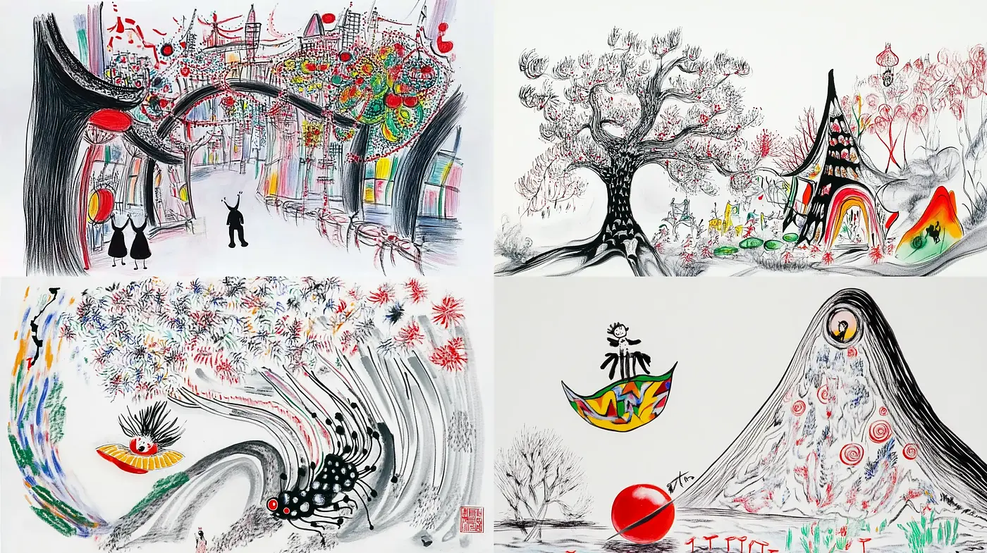 Whimsical Ink Splashes and Vivid Floral Expressions - Midjourney sref style
