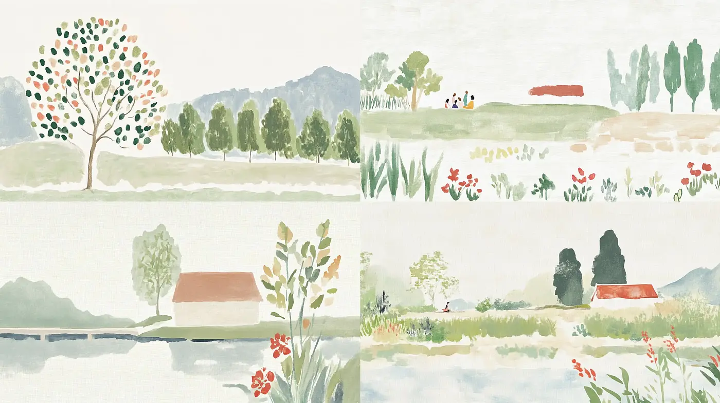 Serene Pastoral Impressions Inspired by Asian Watercolor Techniques - Midjourney sref style
