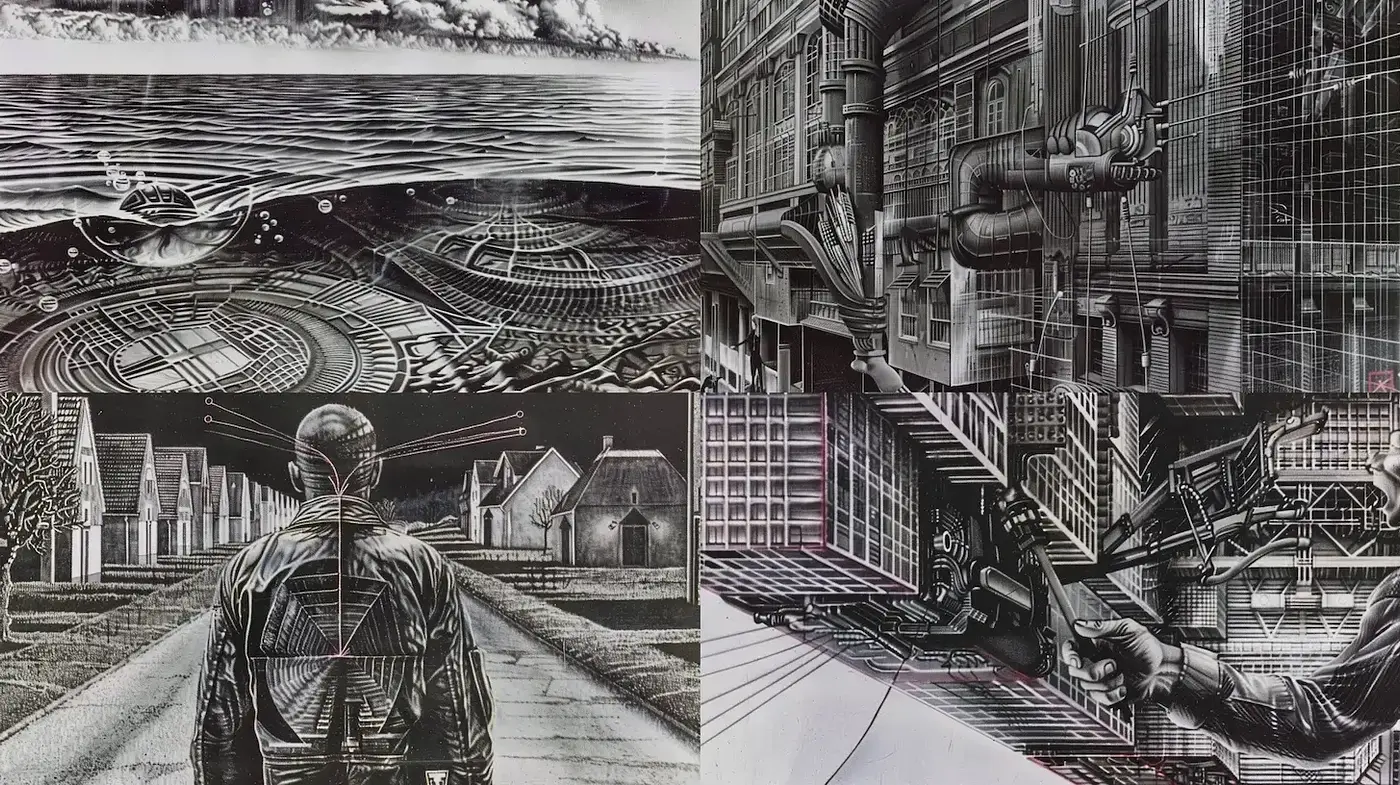 Futuristic and Intricate Black-and-White Illustrations with a Technological Edge - Midjourney sref style