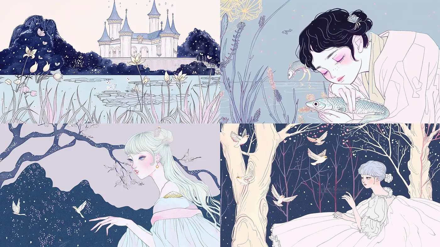 Whimsical Serenity: A Dreamy Melange of Pastel Storybook Illustrations - Midjourney sref style