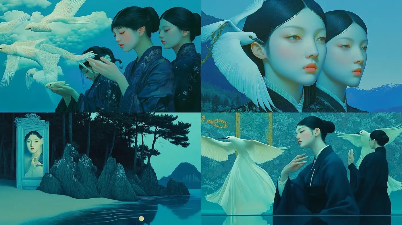 Ethereal Blue Serenity: A Synthesis of Tranquil Hues and Eastern Aesthetics - Midjourney sref style