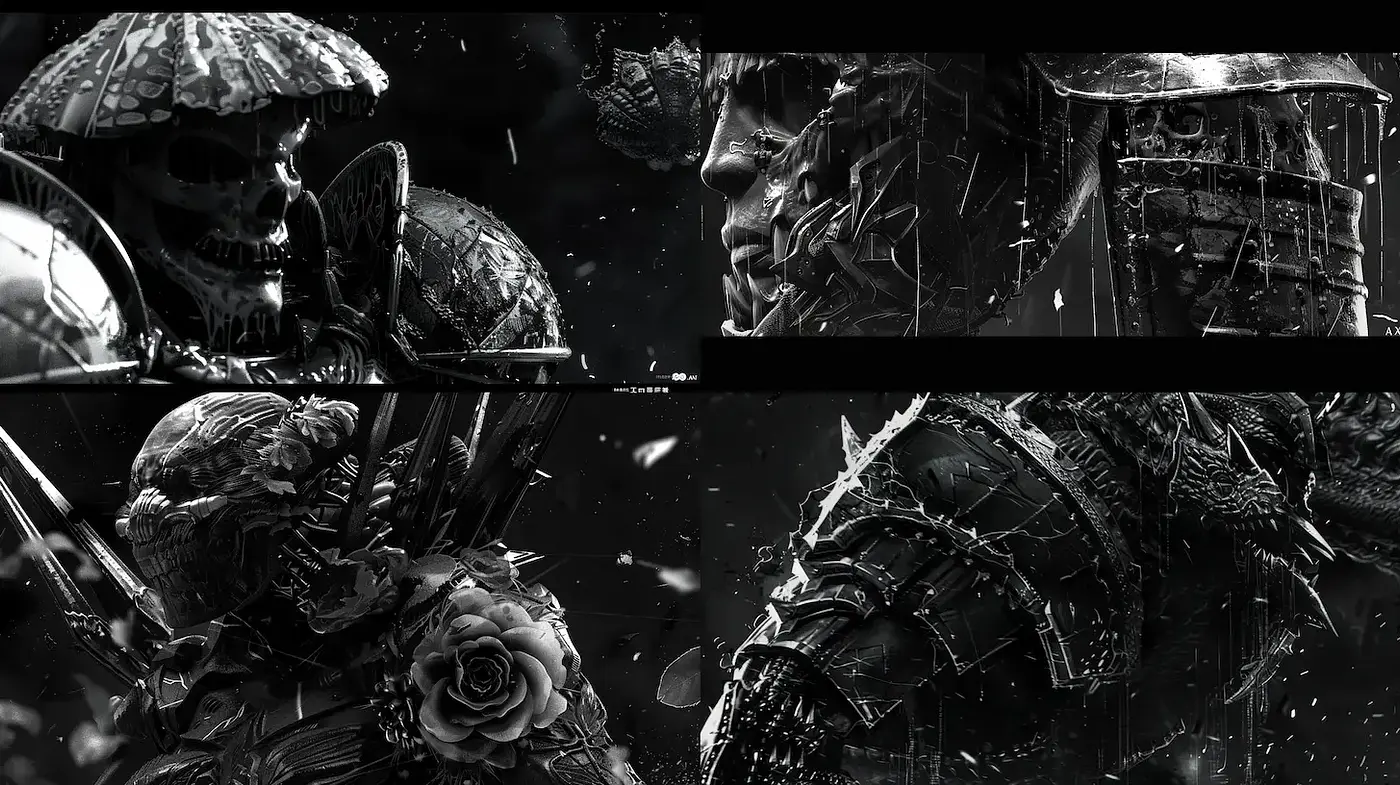 Dramatic and Intricate Black and White Armor Aesthetics - Midjourney sref style
