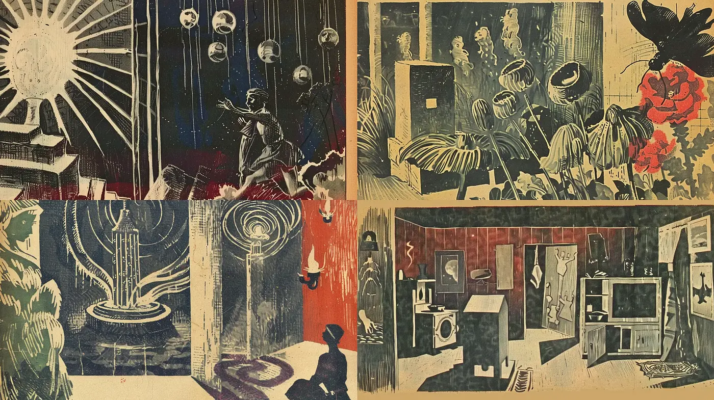 Ethereal Dreamscape in Vintage Woodcut Aesthetic - Midjourney sref style