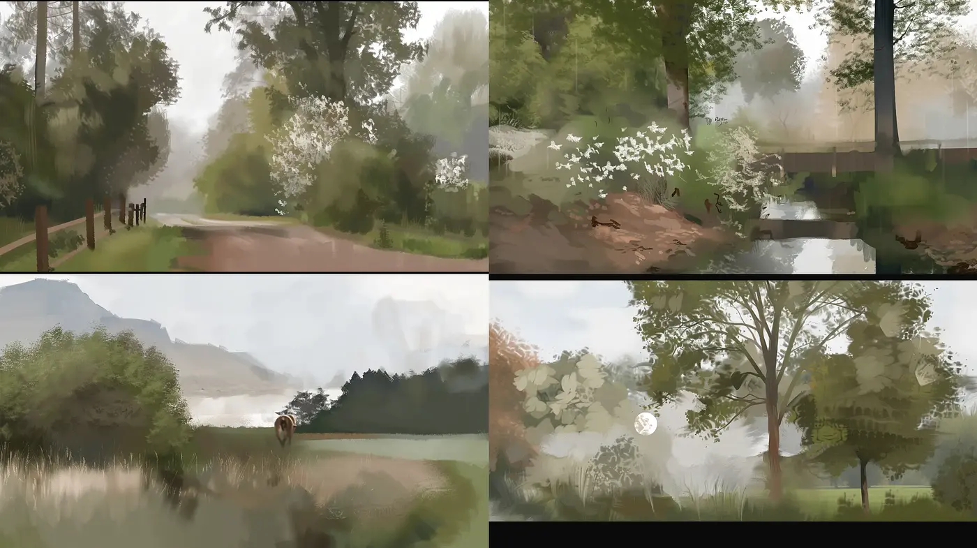 Misty Countryside Impressions with Softened Palette - Midjourney sref style
