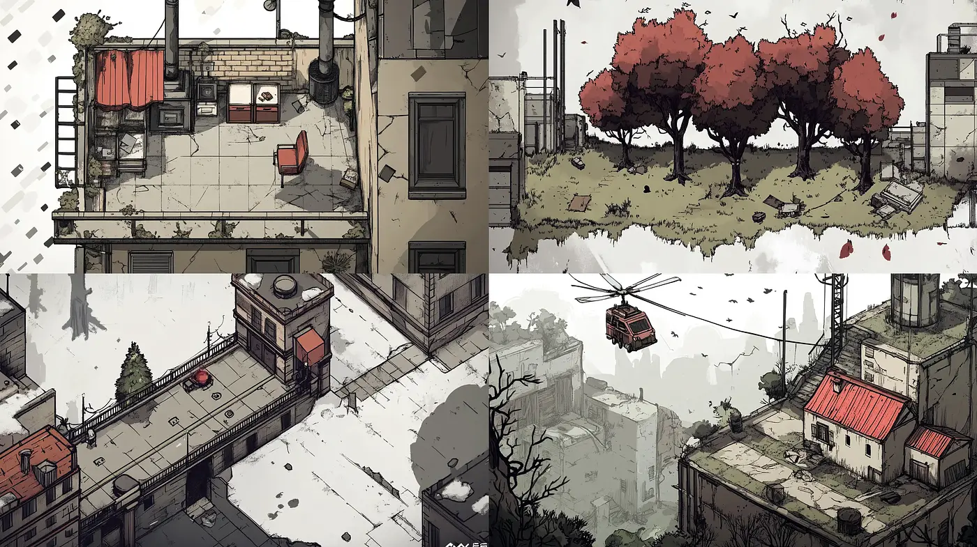 Contemplative Urban Serenity in Stylized Monochrome Sketches - Midjourney sref style