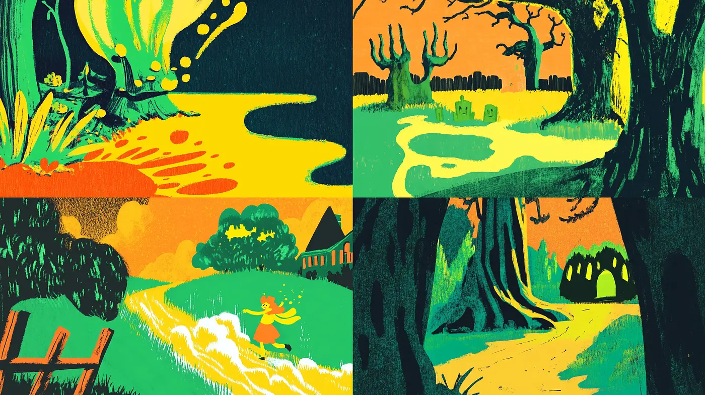 Luminous Contrast of Whimsy and Enigma in Woodcut Aesthetics - Midjourney sref style