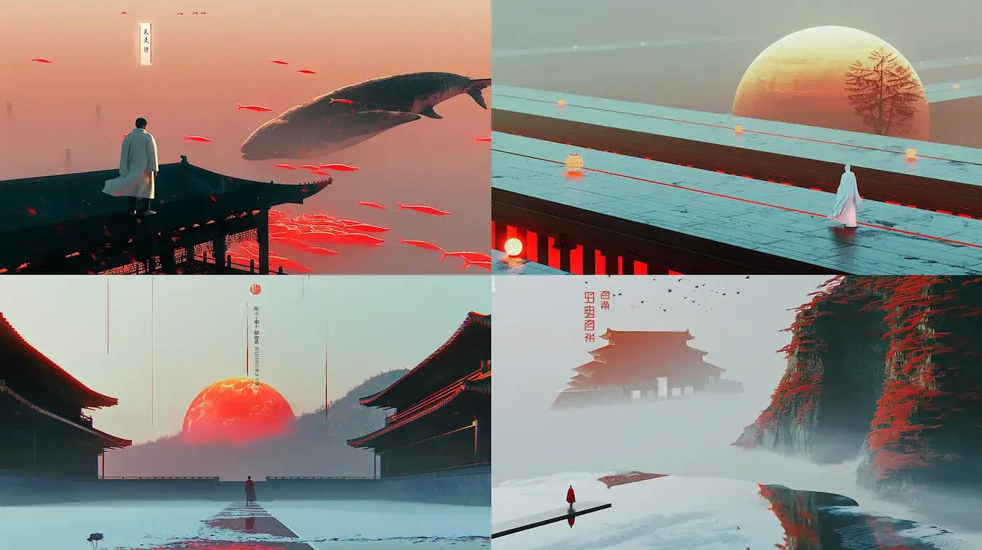 A Harmonious Blend of Futuristic Fantasy and Traditional Architecture - Midjourney sref style