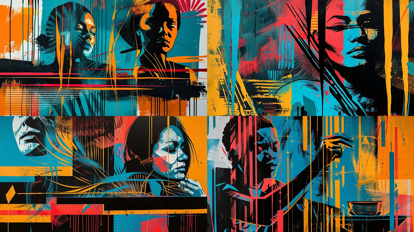 Vibrant Urban Symphony in Teal and Orange: A Fusion of Street Art and Graphic Novel Aesthetics - Midjourney sref style