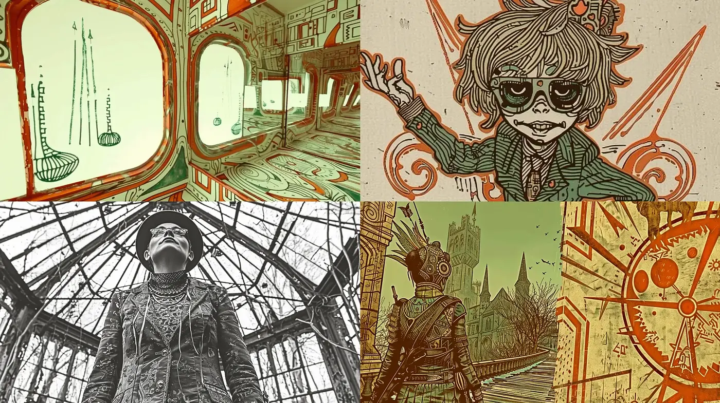 Sepia-Toned Whimsy: A Fusion of Steampunk and Illustrative Sketch Art - Midjourney sref style