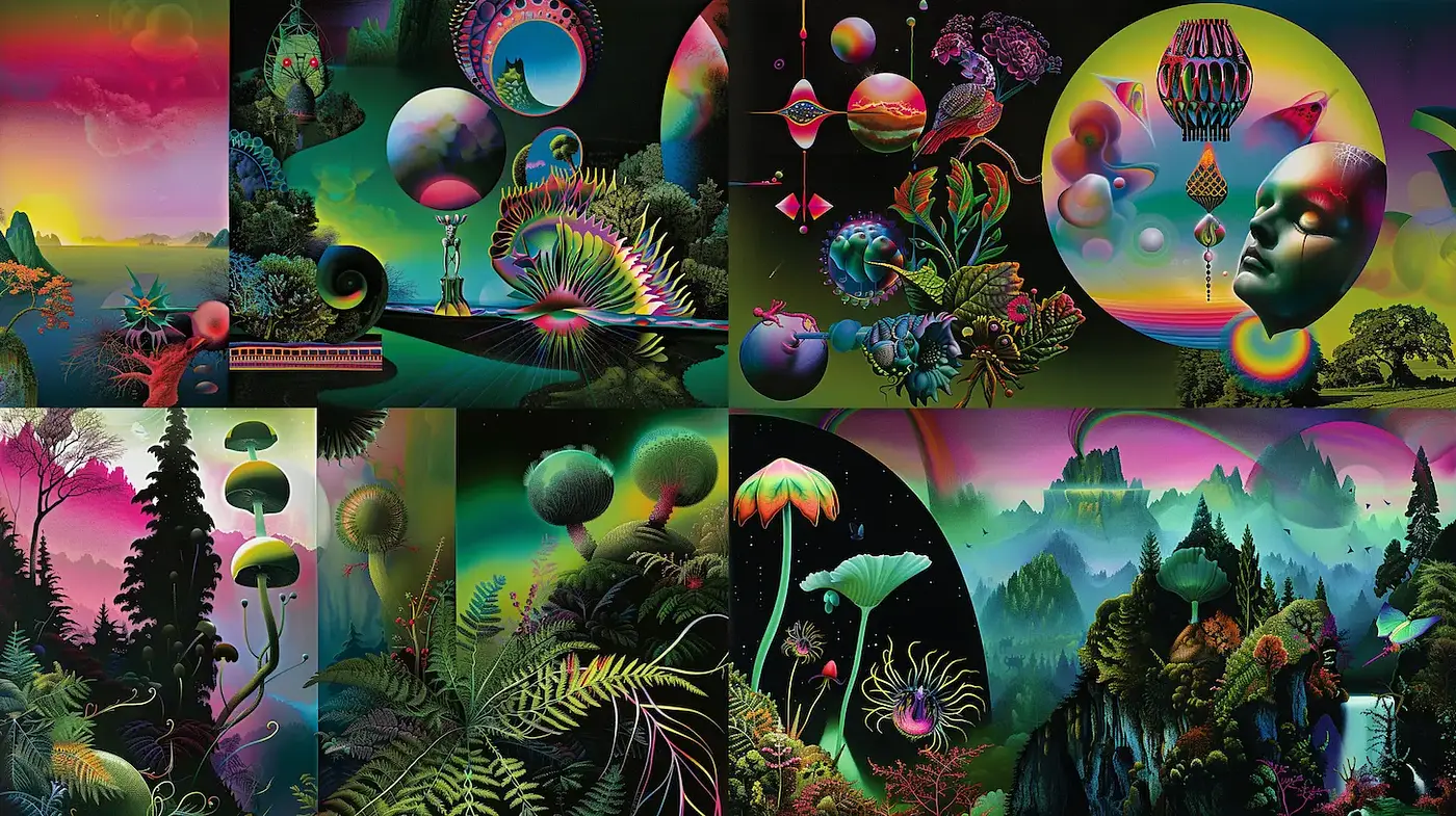 Multicolored Surrealism with Organic Forms and Cosmic Elements - Midjourney sref style