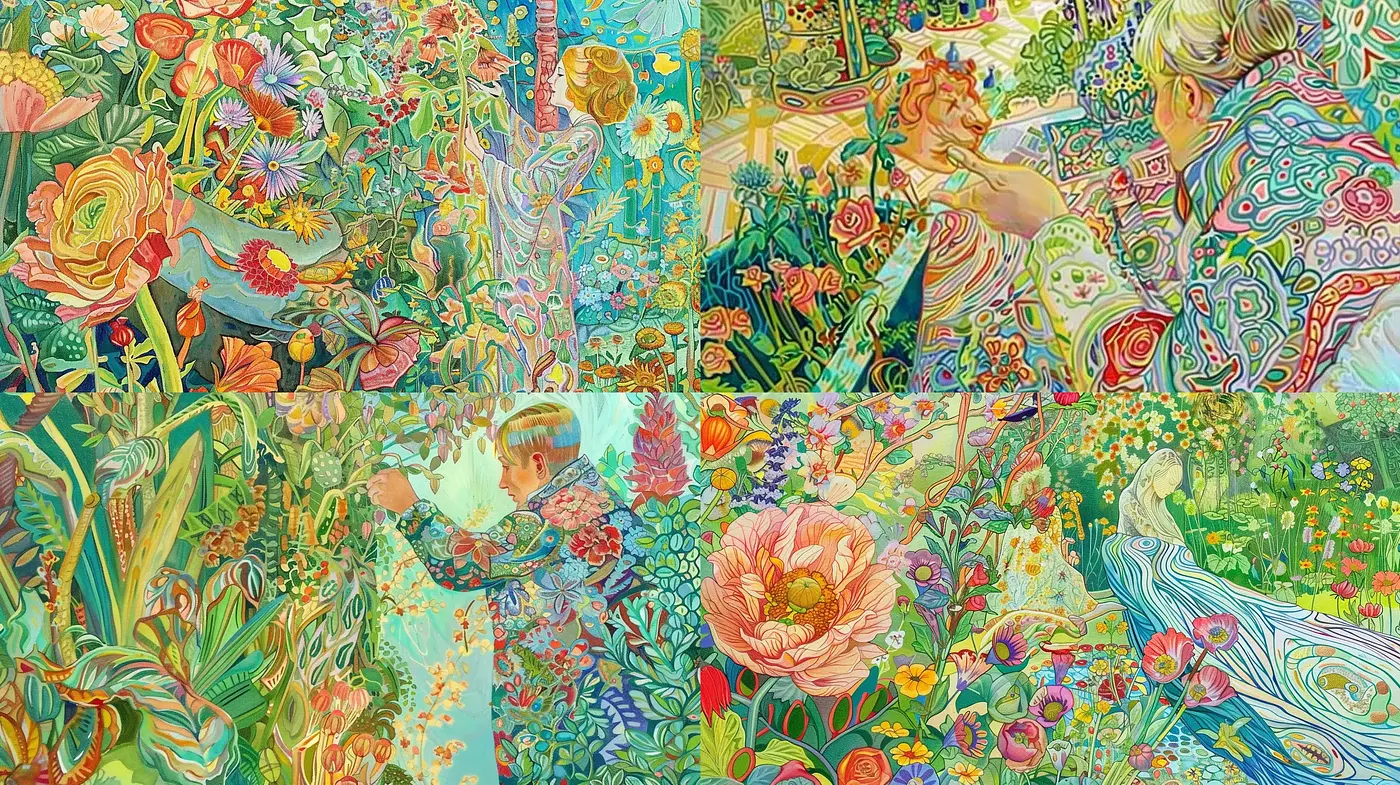 Flourishing Botanical Dreamscapes: A Vivid Kaleidoscope of Nature - Midjourney sref style
