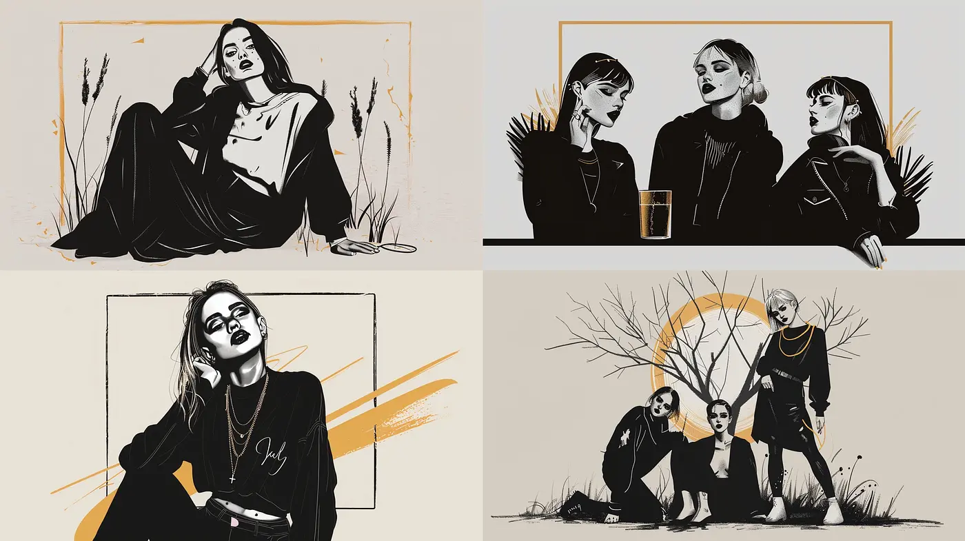 Monochrome Elegance with Strokes of Gold: A Subdued Palette Emphasizing Form and Contrast - Midjourney sref style