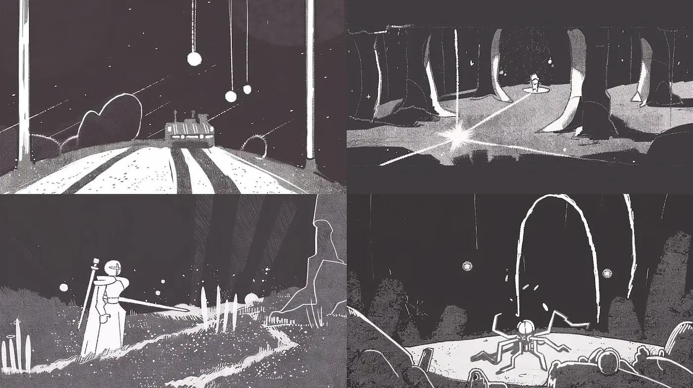 Monochromatic Graphic Style with a Nostalgic and Mysterious Vibe - Midjourney sref style